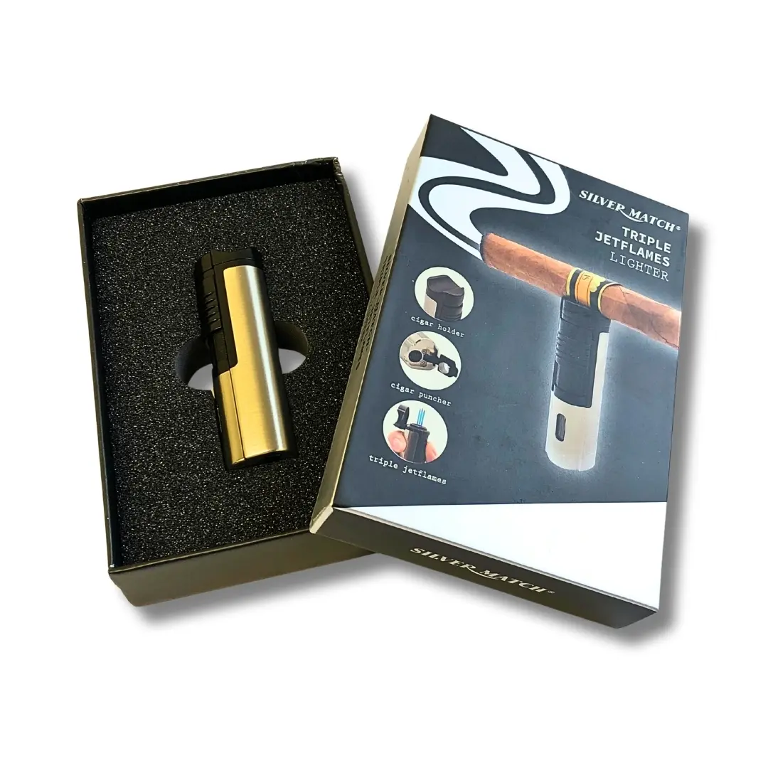 Silver Match Zigarrenfeuerzeug Triple Jetflame mit Zigarrenhalter und Puncher Grau Verpackung